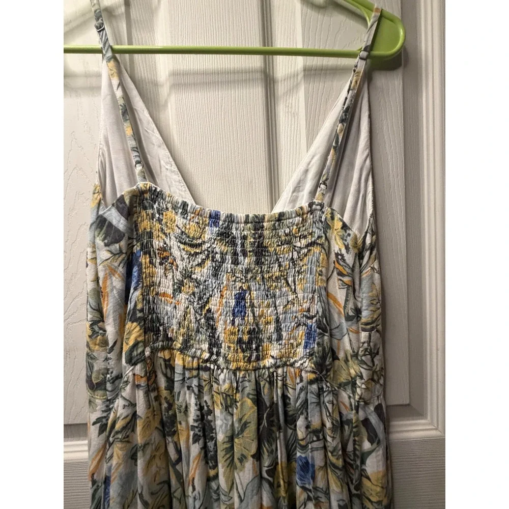 Abercrombie & Fitch Tropical Floral Button Front Smocked Maxi Dress Yellow Blue